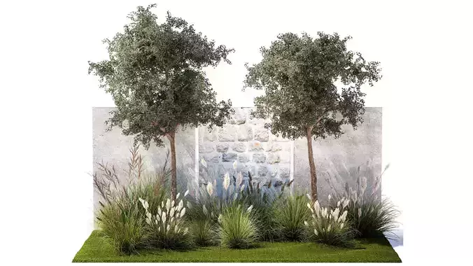 Garden With Large Trees And Feather Grass Bushes 1404 3D model