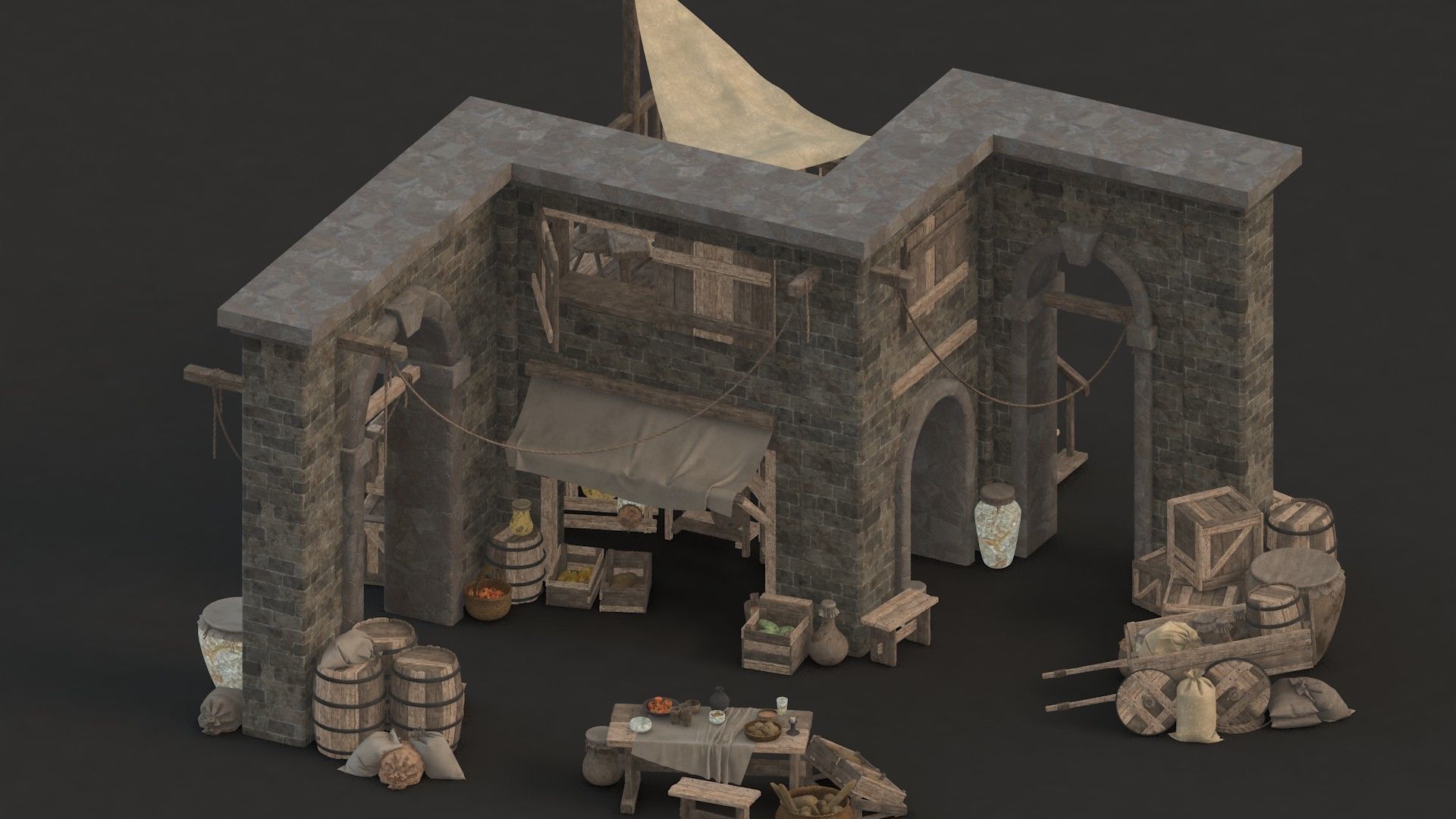 medieval market Low-poly 3D model_11