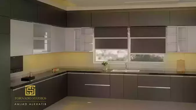 modern kitchen with tv unit and sofa 3D model