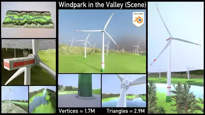 Windpark in the Valley Scene Low-poly 3D model