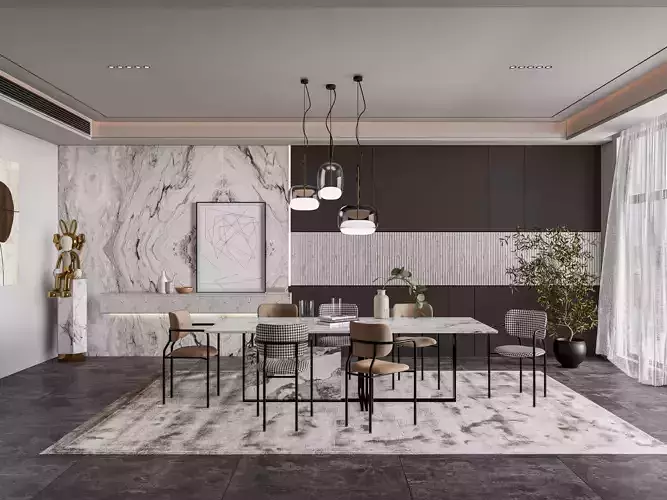 Dining room interior Dining  wall  Dining table full scene 04 3D model