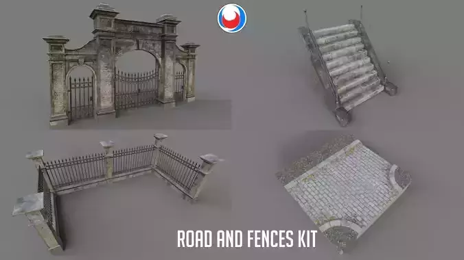 Cemetery Roads and Fences kit Low-poly 3D model