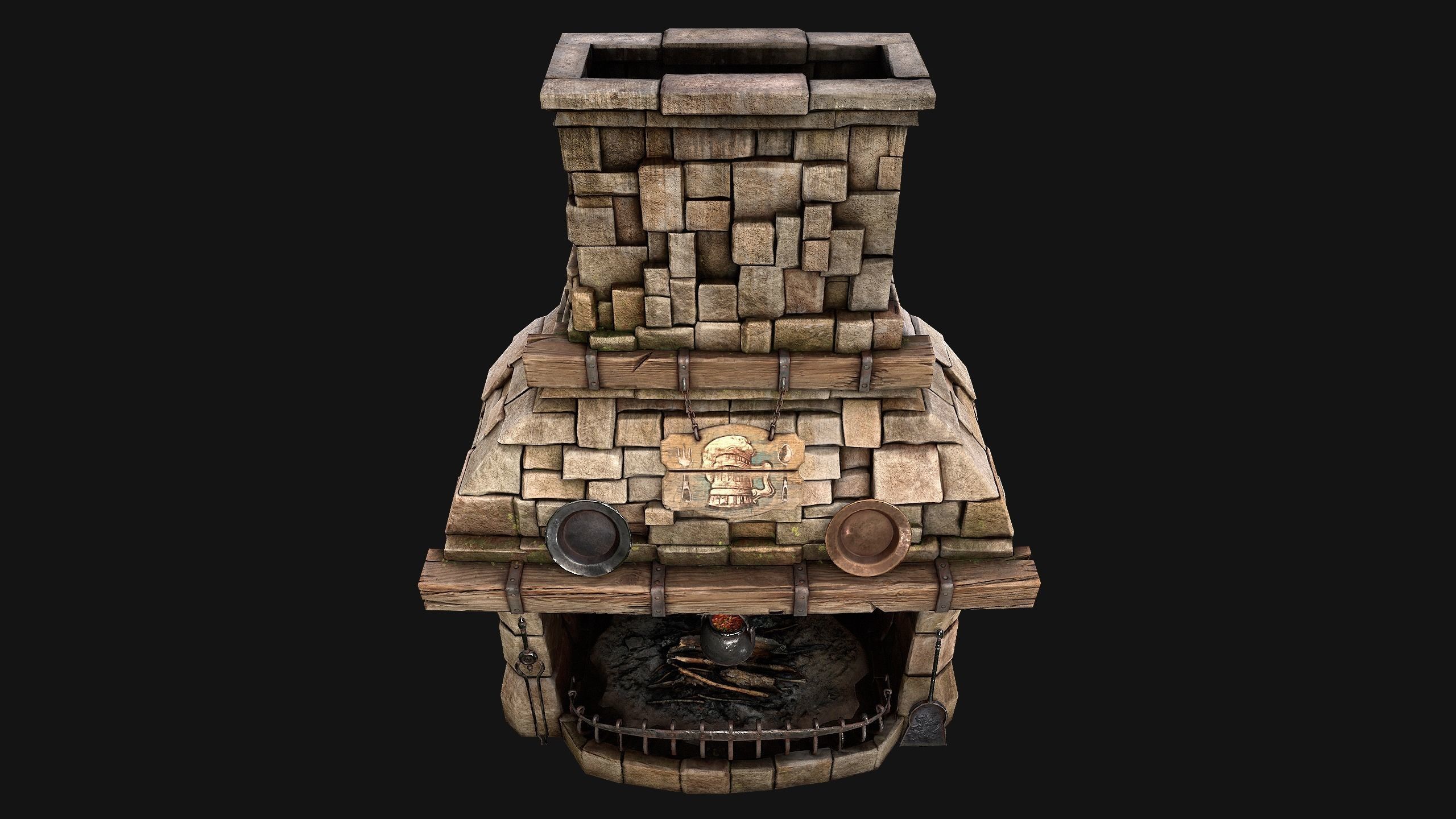 Medieval Fireplace Chimney Low-poly 3D model_35