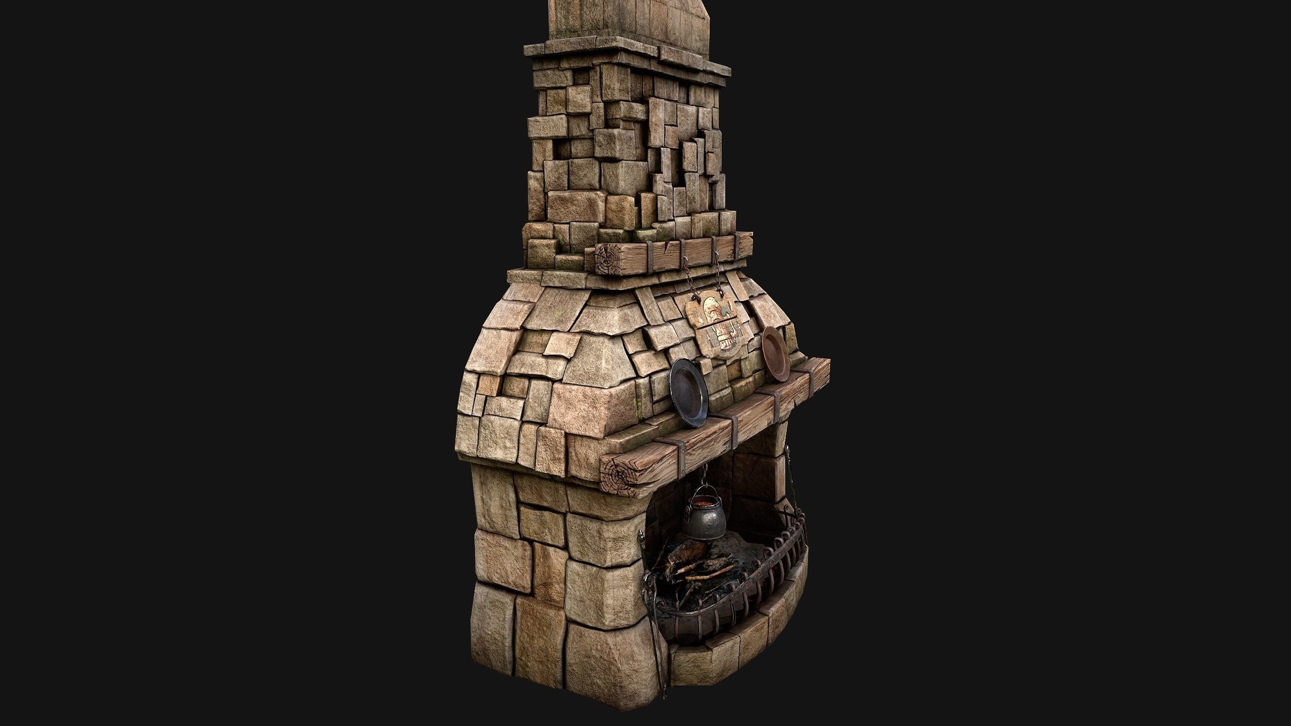 Medieval Fireplace Chimney Low-poly 3D model_8