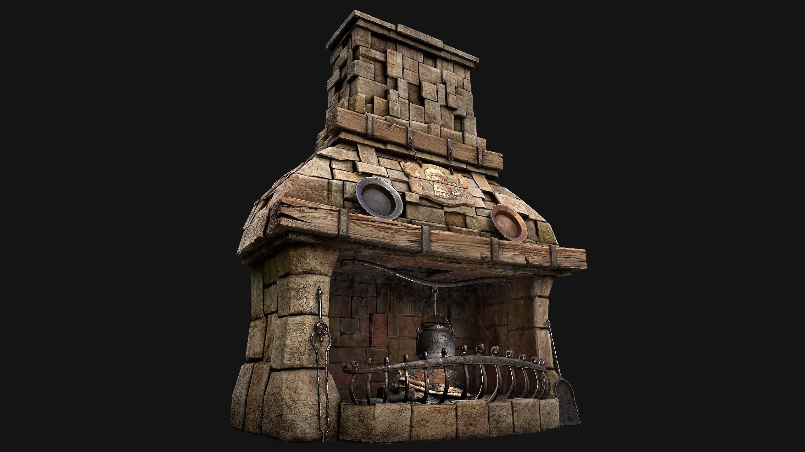 Medieval Fireplace Chimney Low-poly 3D model_40