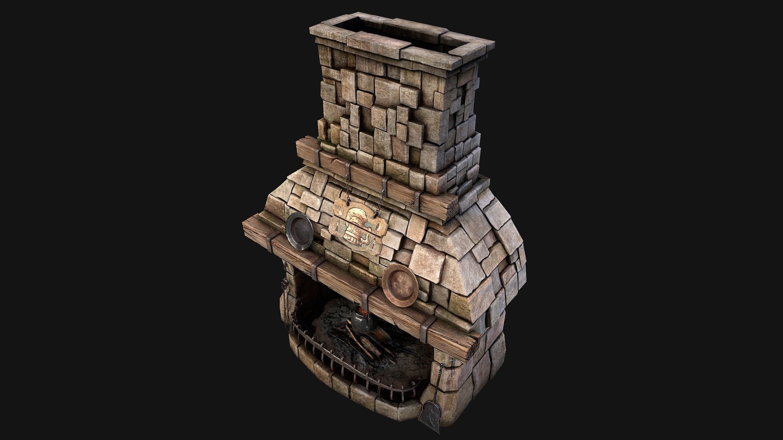 Medieval Fireplace Chimney Low-poly 3D model_30