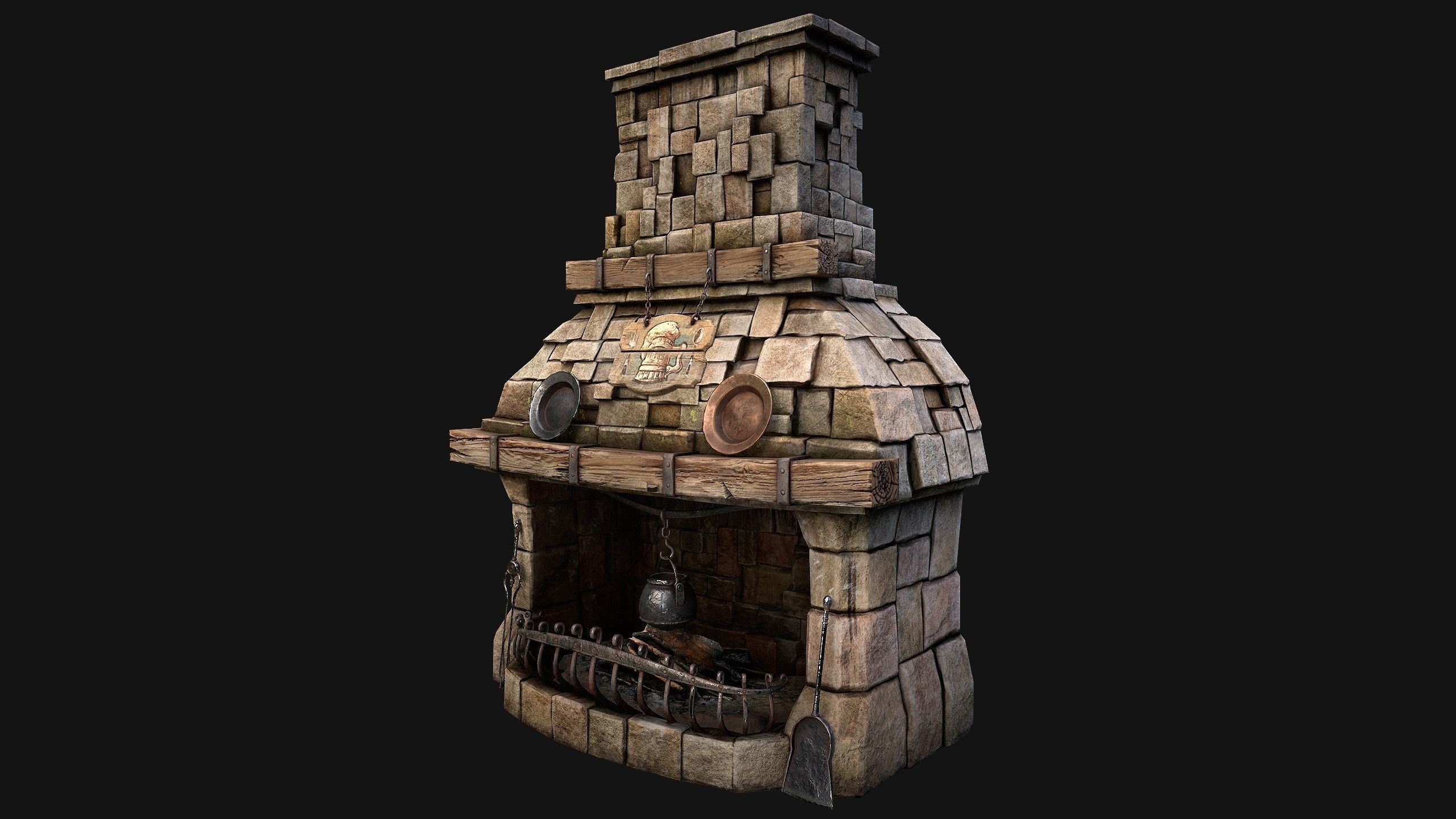 Medieval Fireplace Chimney Low-poly 3D model_39
