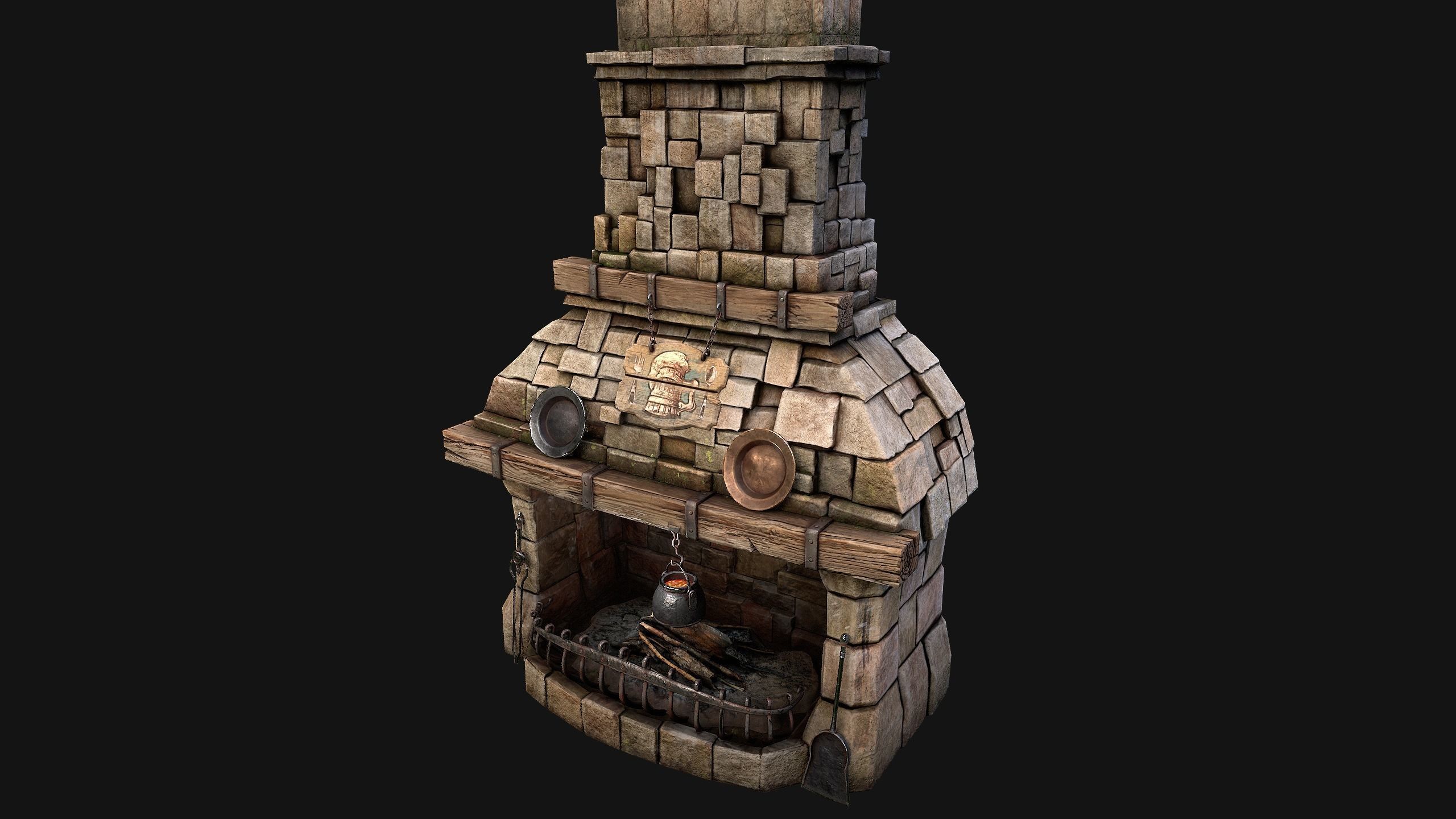 Medieval Fireplace Chimney Low-poly 3D model_5