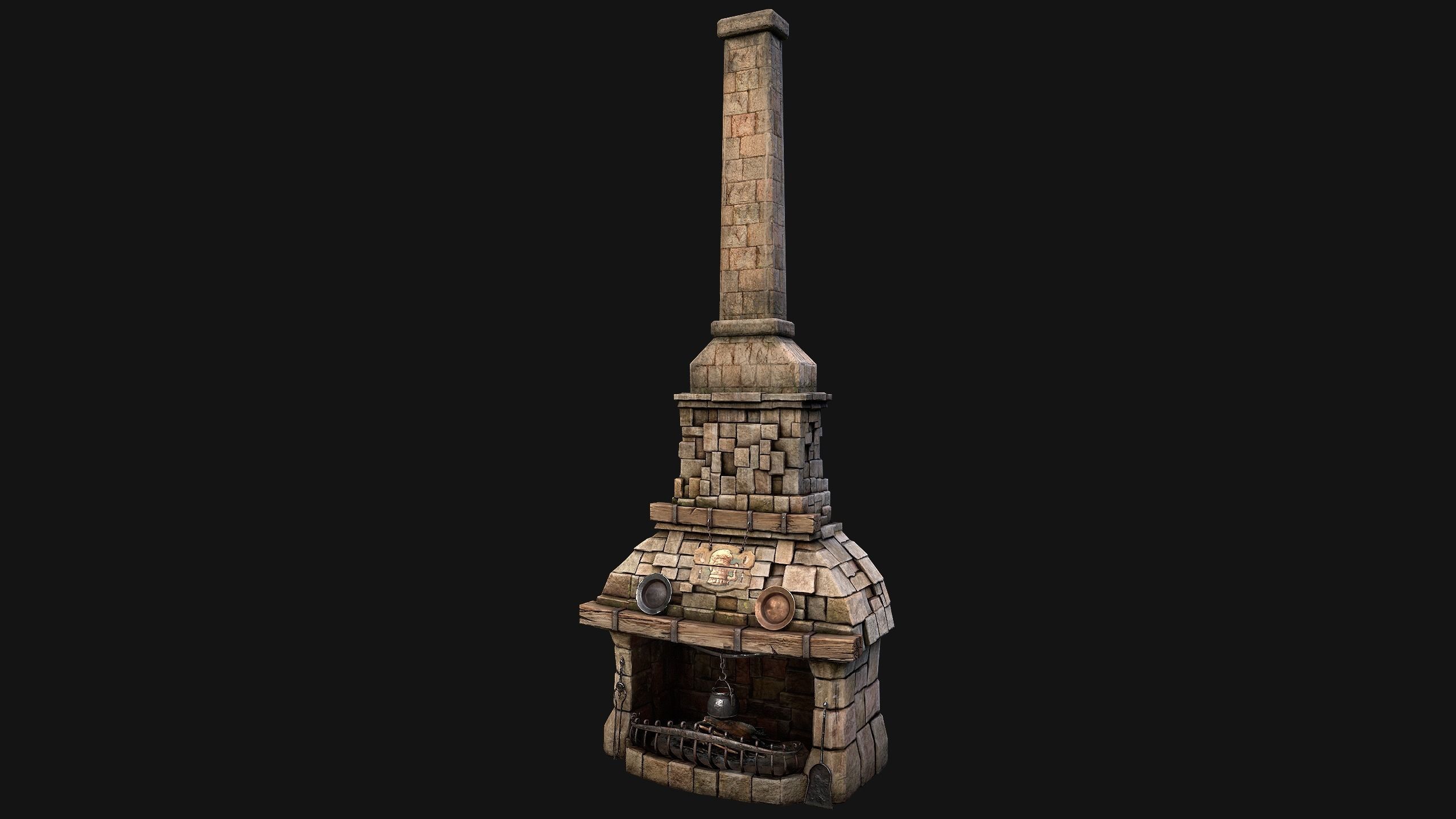 Medieval Fireplace Chimney Low-poly 3D model_17