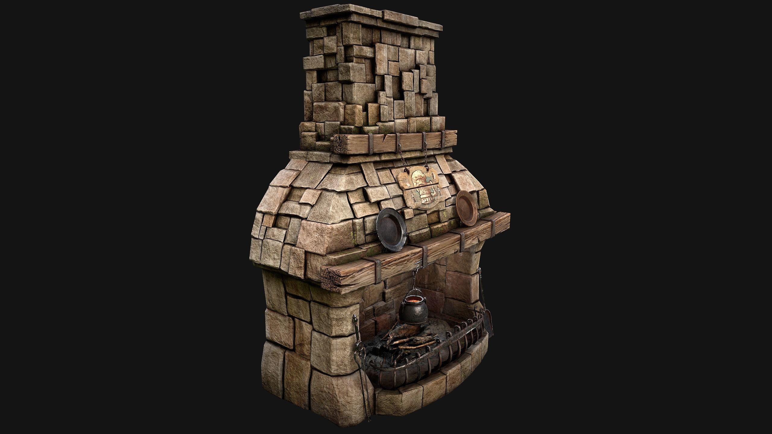 Medieval Fireplace Chimney Low-poly 3D model_34