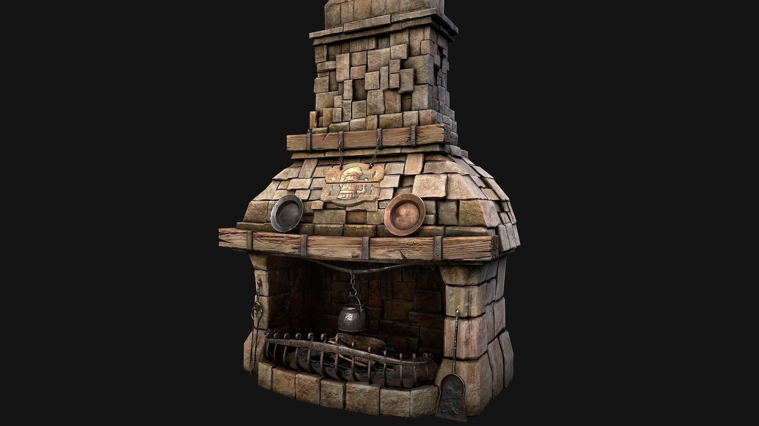 Medieval Fireplace Chimney Low-poly 3D model_16