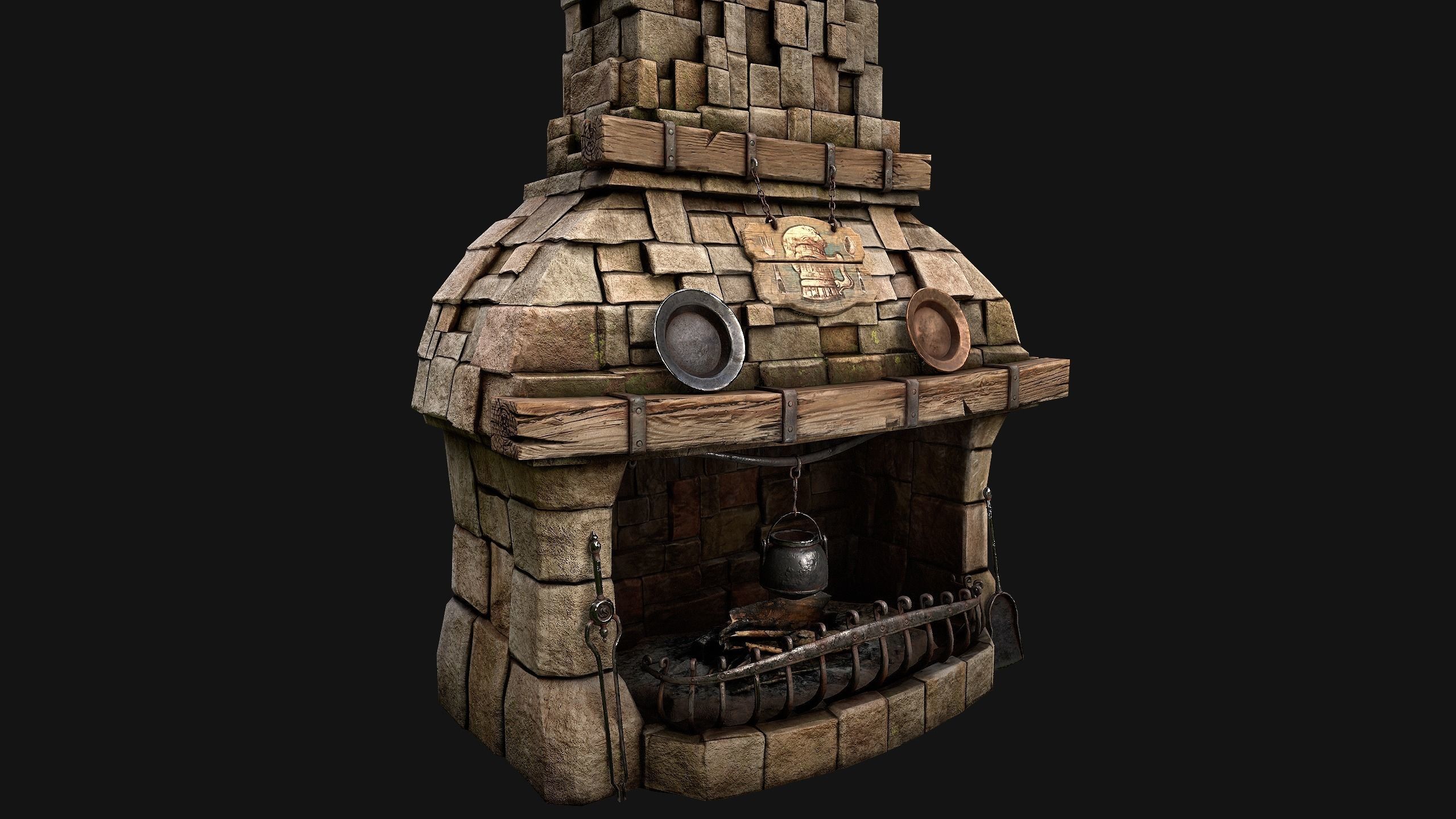 Medieval Fireplace Chimney Low-poly 3D model_7