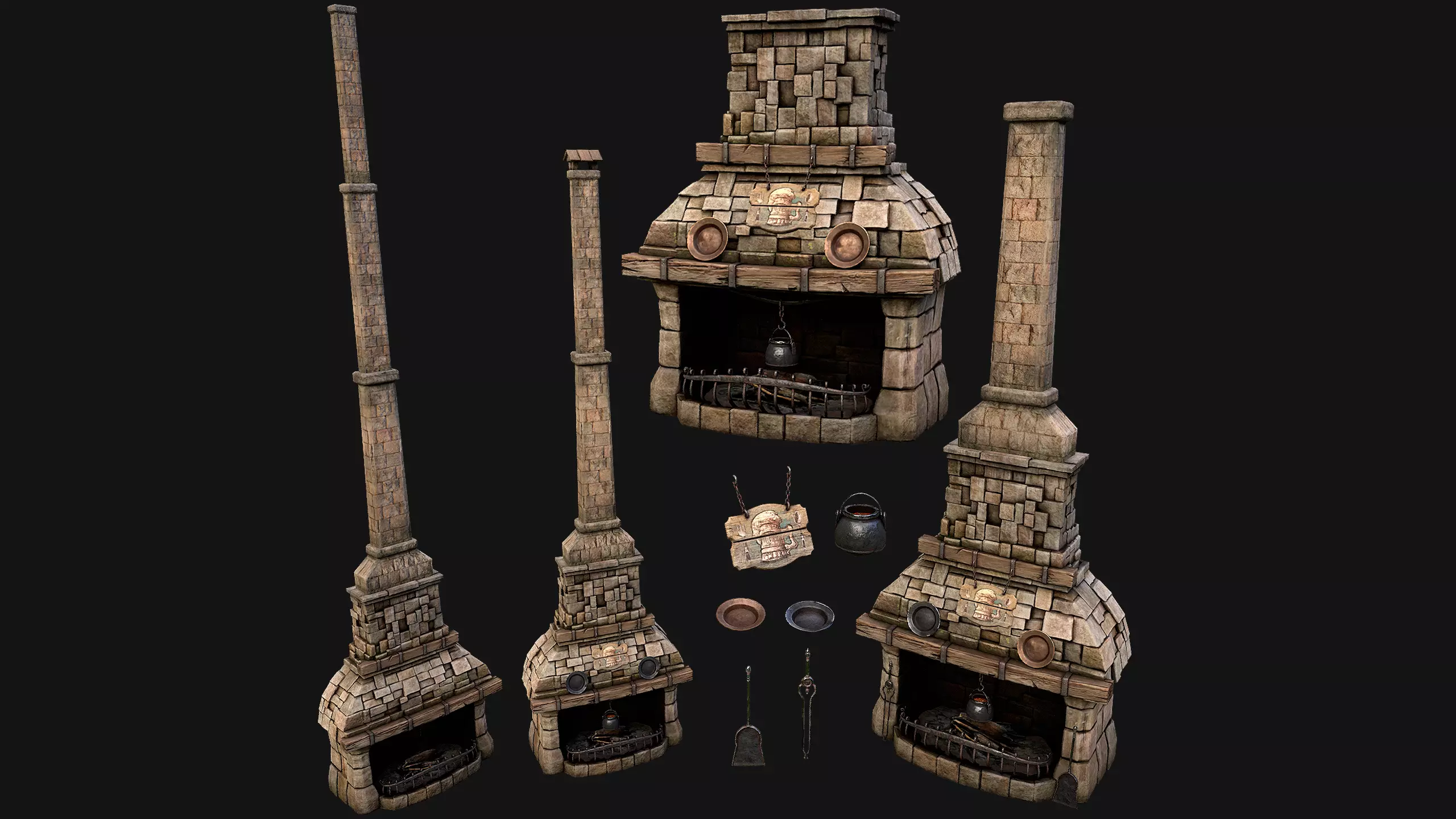 Medieval Fireplace Chimney Low-poly 3D model_0