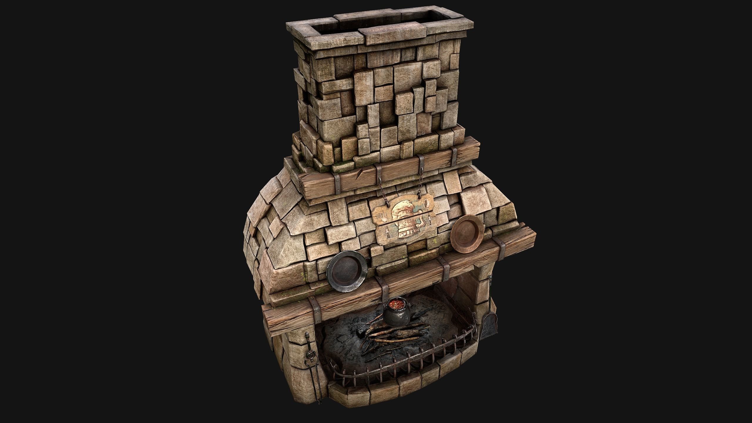 Medieval Fireplace Chimney Low-poly 3D model_36