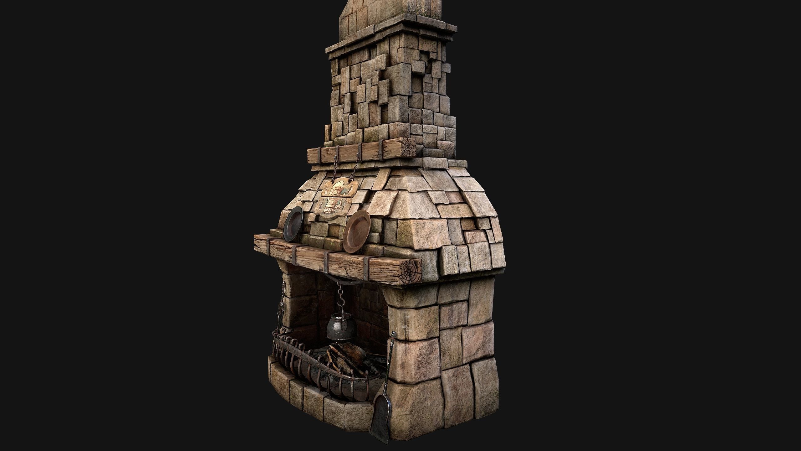 Medieval Fireplace Chimney Low-poly 3D model_14