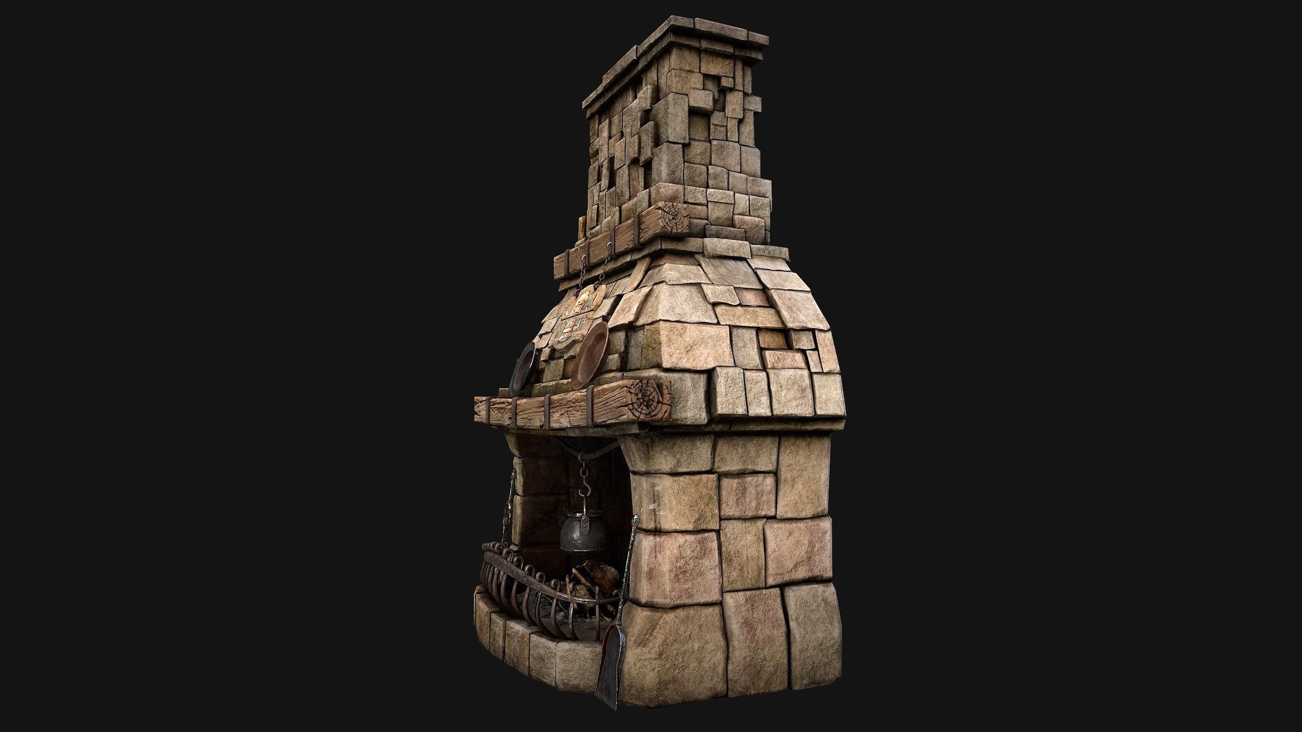 Medieval Fireplace Chimney Low-poly 3D model_33