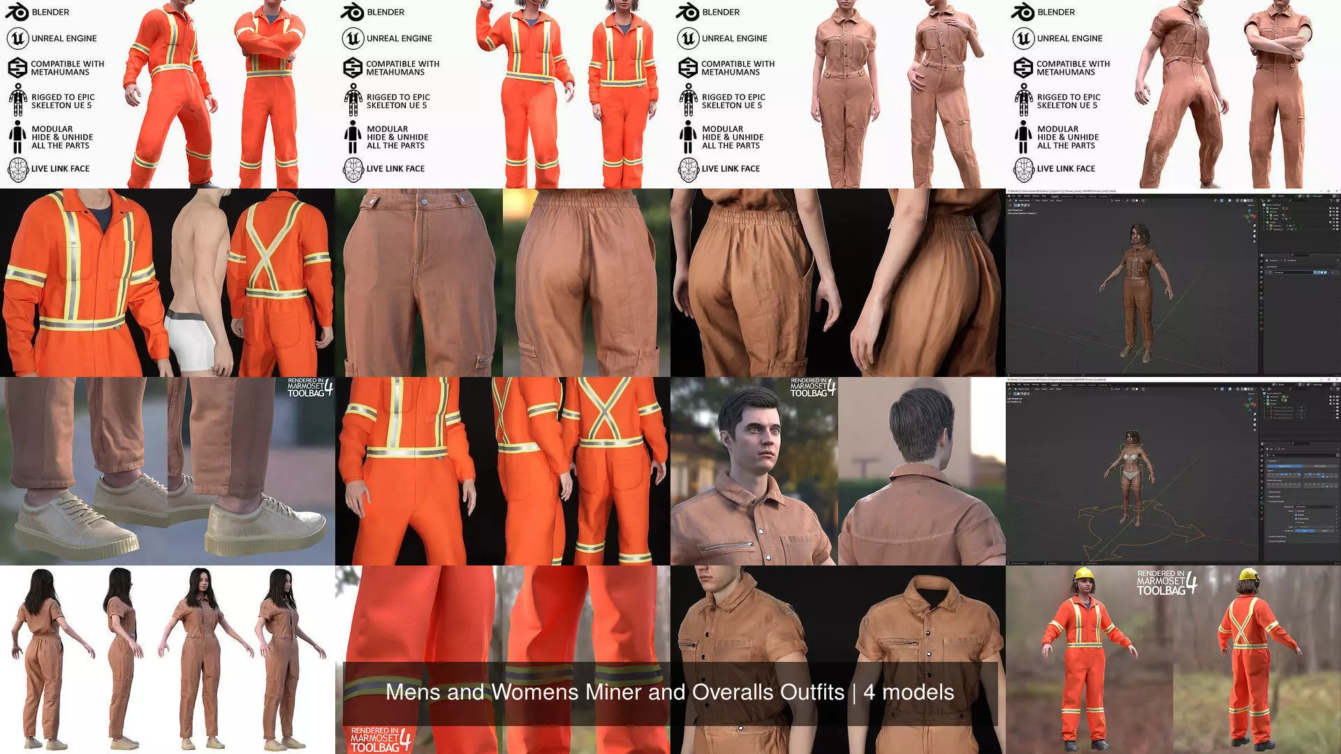 Mens and Womens Miner and Overalls Outfits 3D Model Collection_7