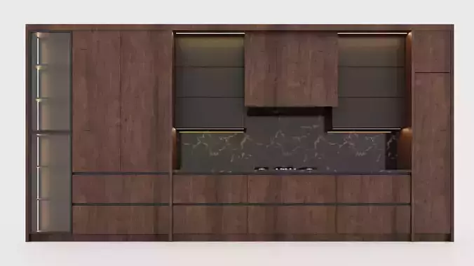 Modern Dark Wood Kitchen Set with Matte Cabinets set 3D Model