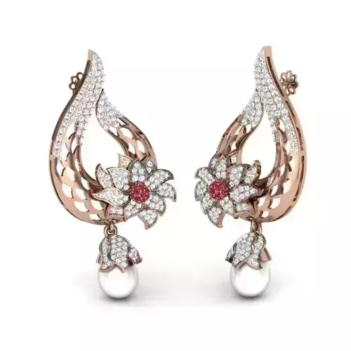 Women flower pearl cocktail earrings 3dm render details