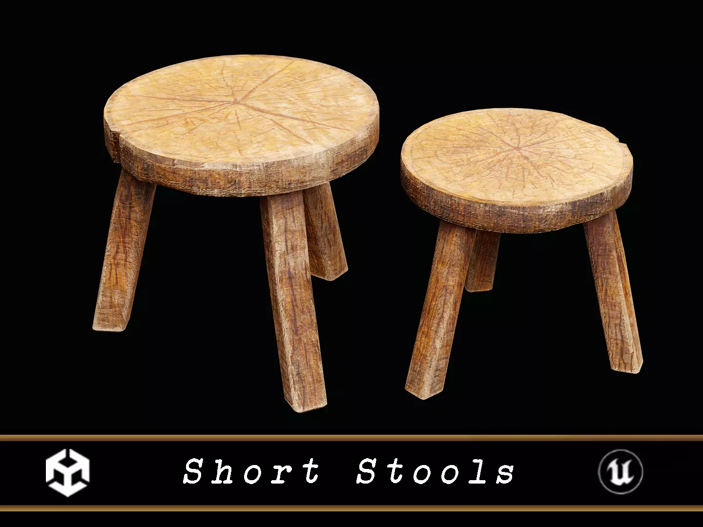 Medieval Wood Short Stools  Low-poly 3D model_0