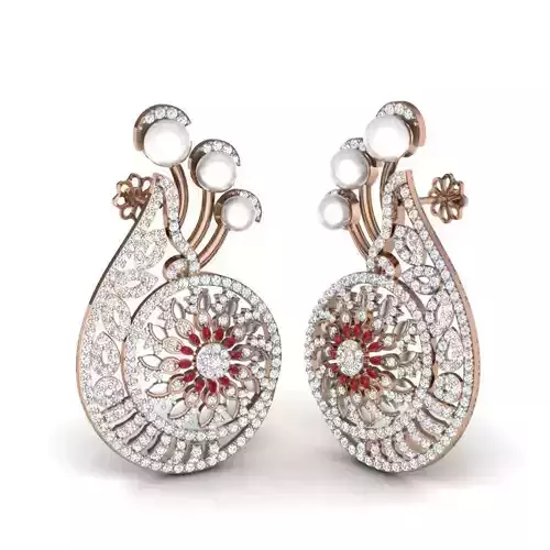 Women flower pearl cocktail earrings 3dm render details