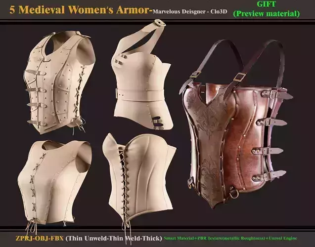5 Medieval Women Armor-Marvelous Designer-FBX -OBJ-Materials 3D model