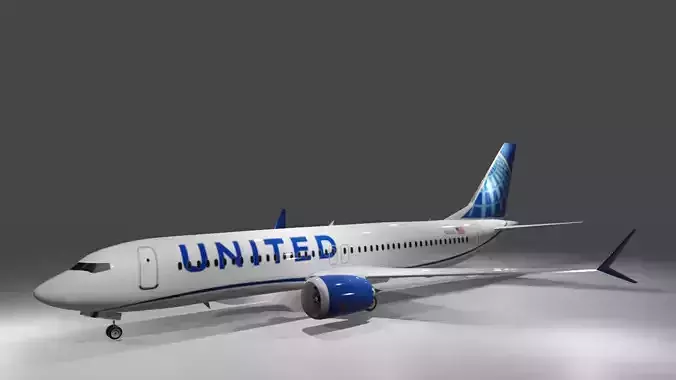 United airlines Boeing 737 max 8 3d model with cockpit Low-poly 3D model