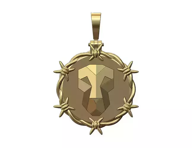 Faceted lion Barbwire thornes round pendant bail 3D print model