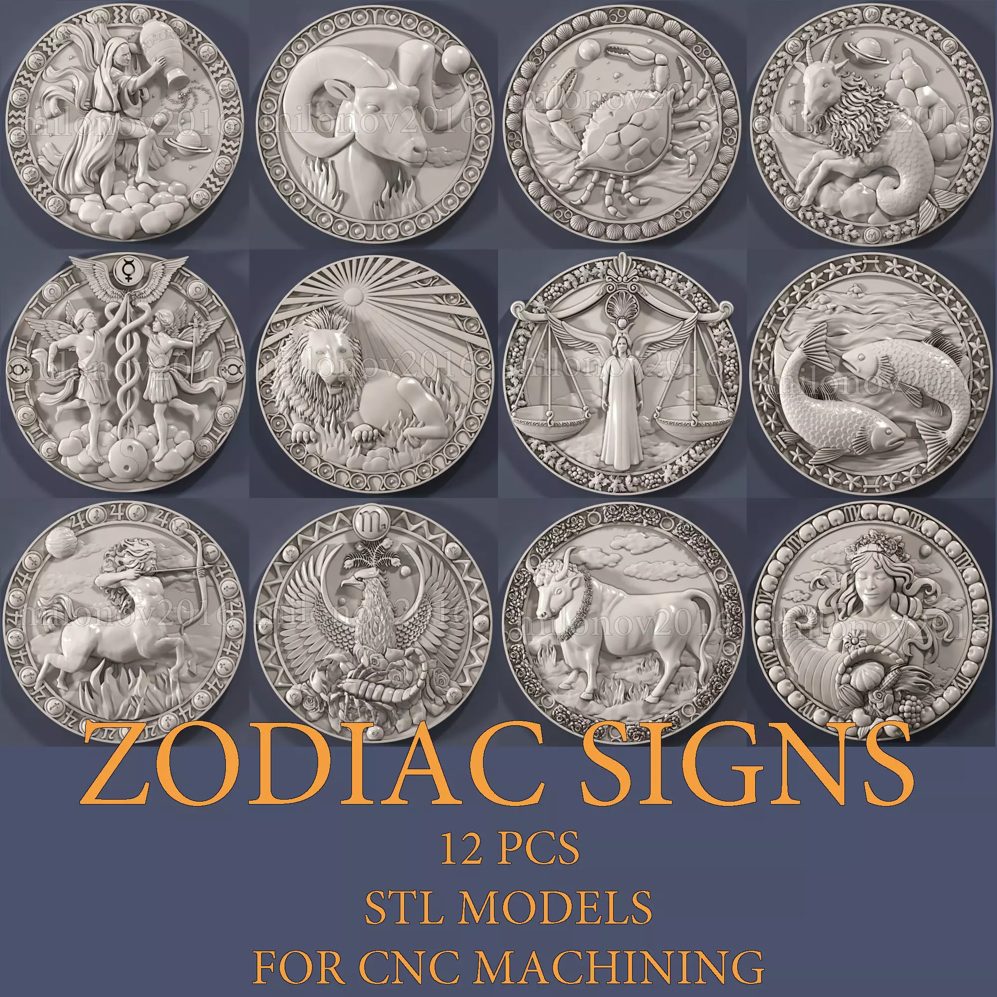 12 pcs zodiac signs 3d relief for printing  applications 3D model_0
