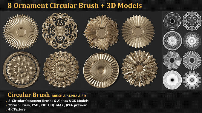 8 Ornament Circular 3Dmodel Brush alpha vol3 3D model