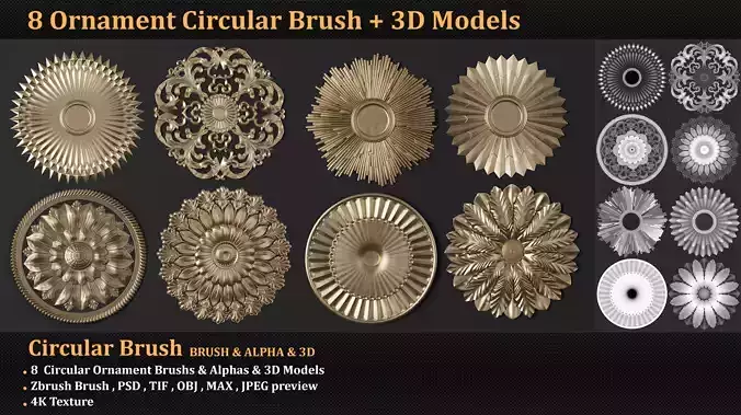 8 Ornament Circular 3Dmodel Brush alpha vol3