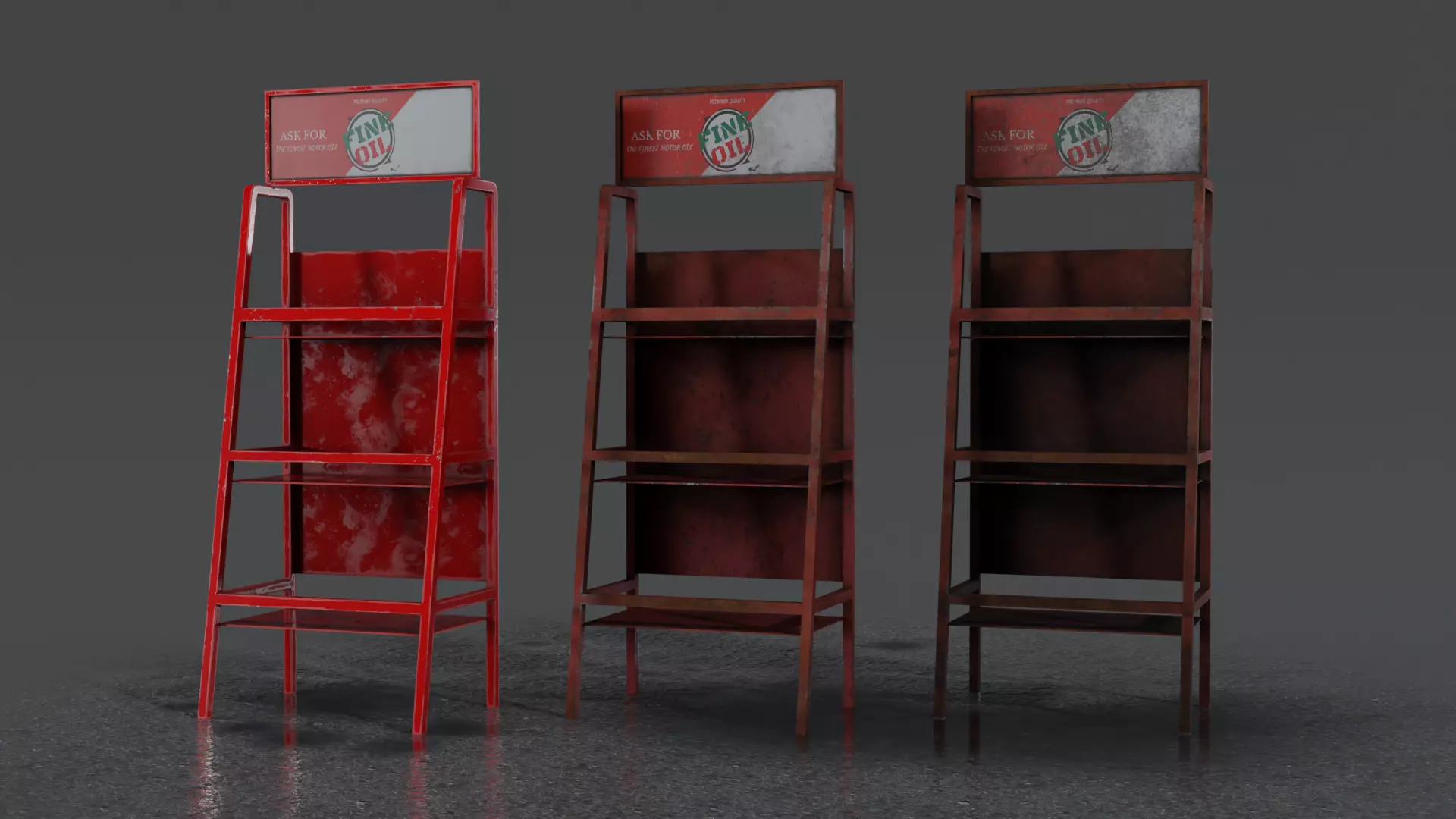 Motor Oil Stand Shelf Rack only - 3 Variants  New-Old-Aged Low-poly 3D model_0