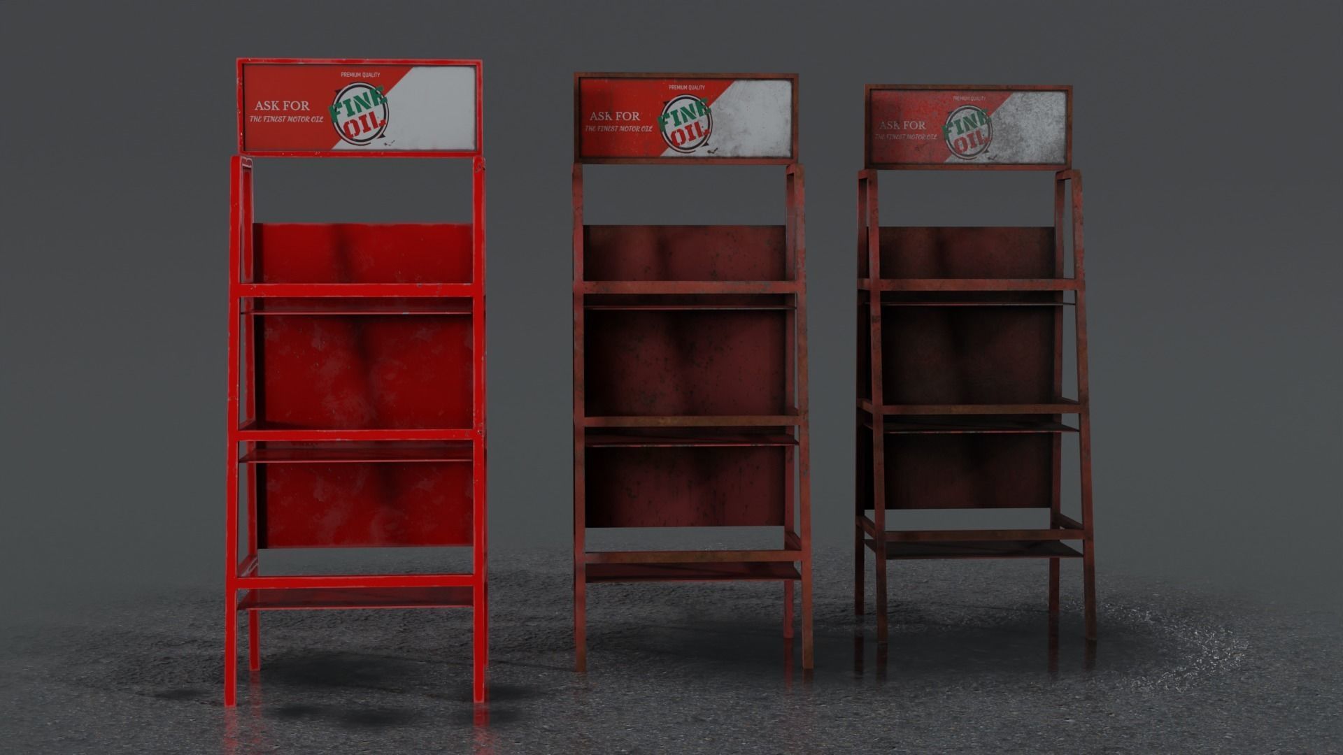 Motor Oil Stand Shelf Rack only - 3 Variants  New-Old-Aged Low-poly 3D model_1