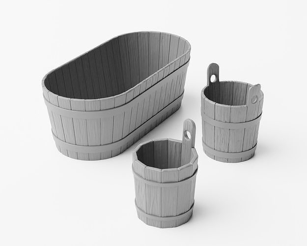 Wooden buckets and tub 1-35 3D print model