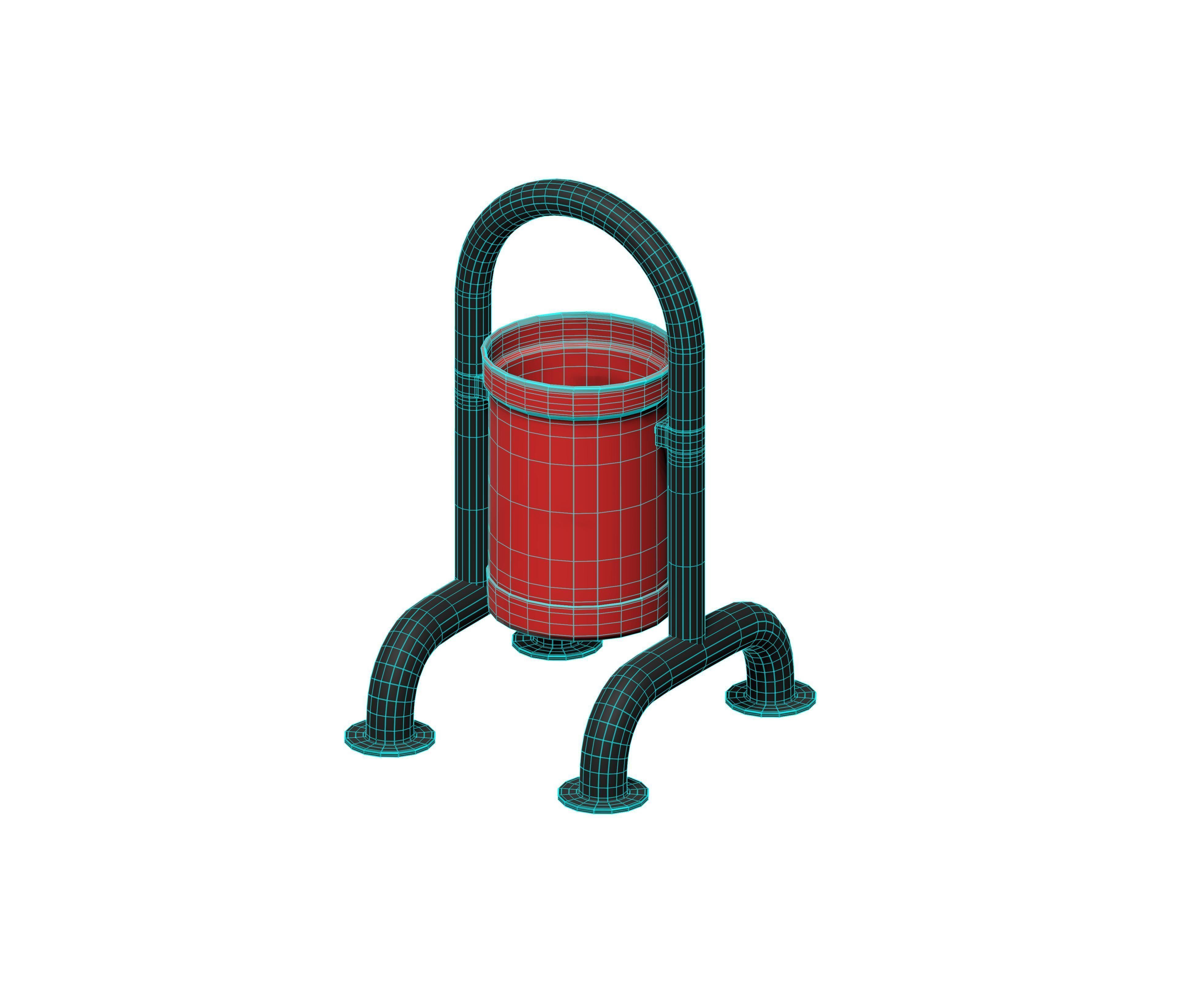 Red open cage type trash can Low-poly 3D model_5