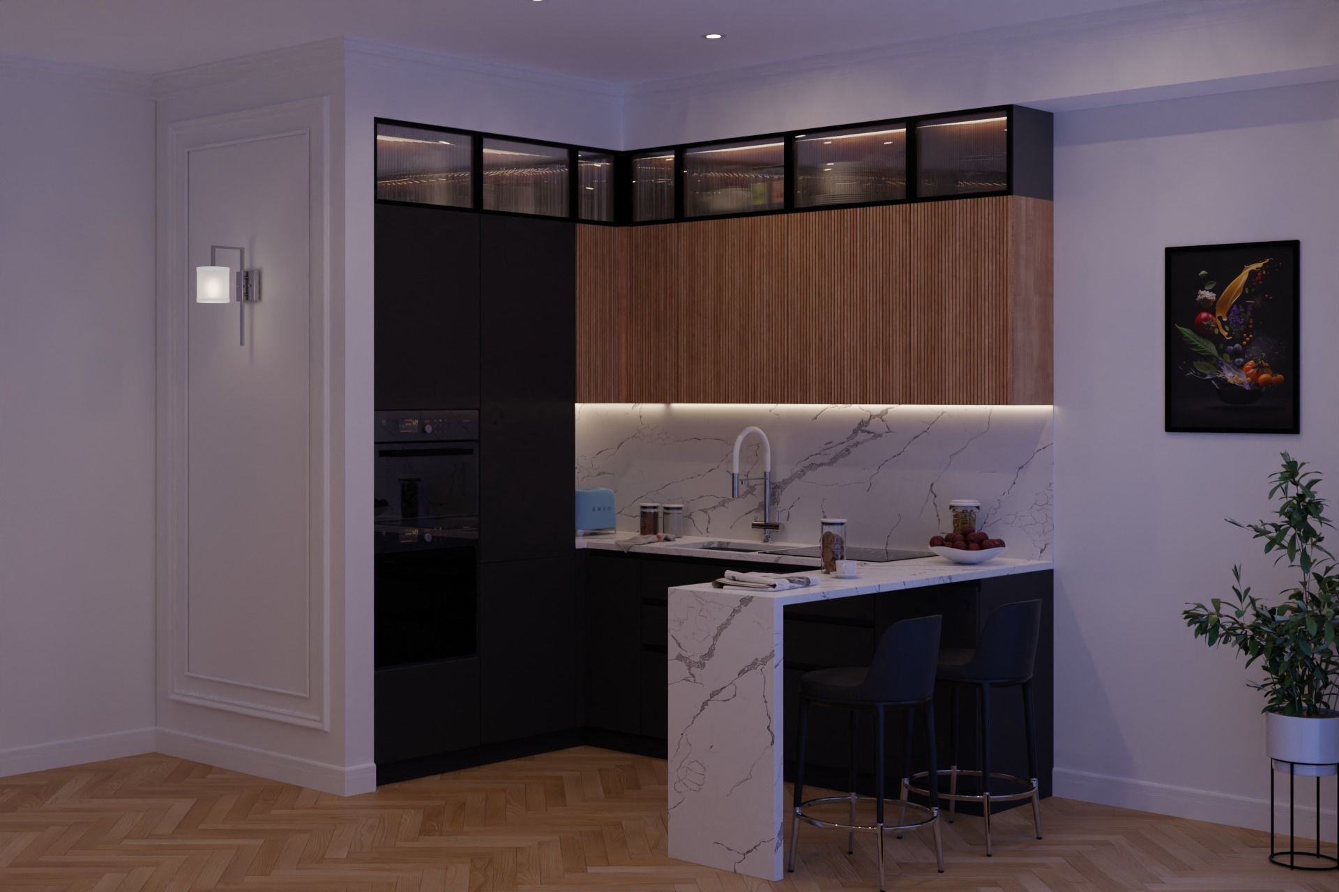 Modern Kitchen U-shape Black Timber and Marble 3D model 3D model_1