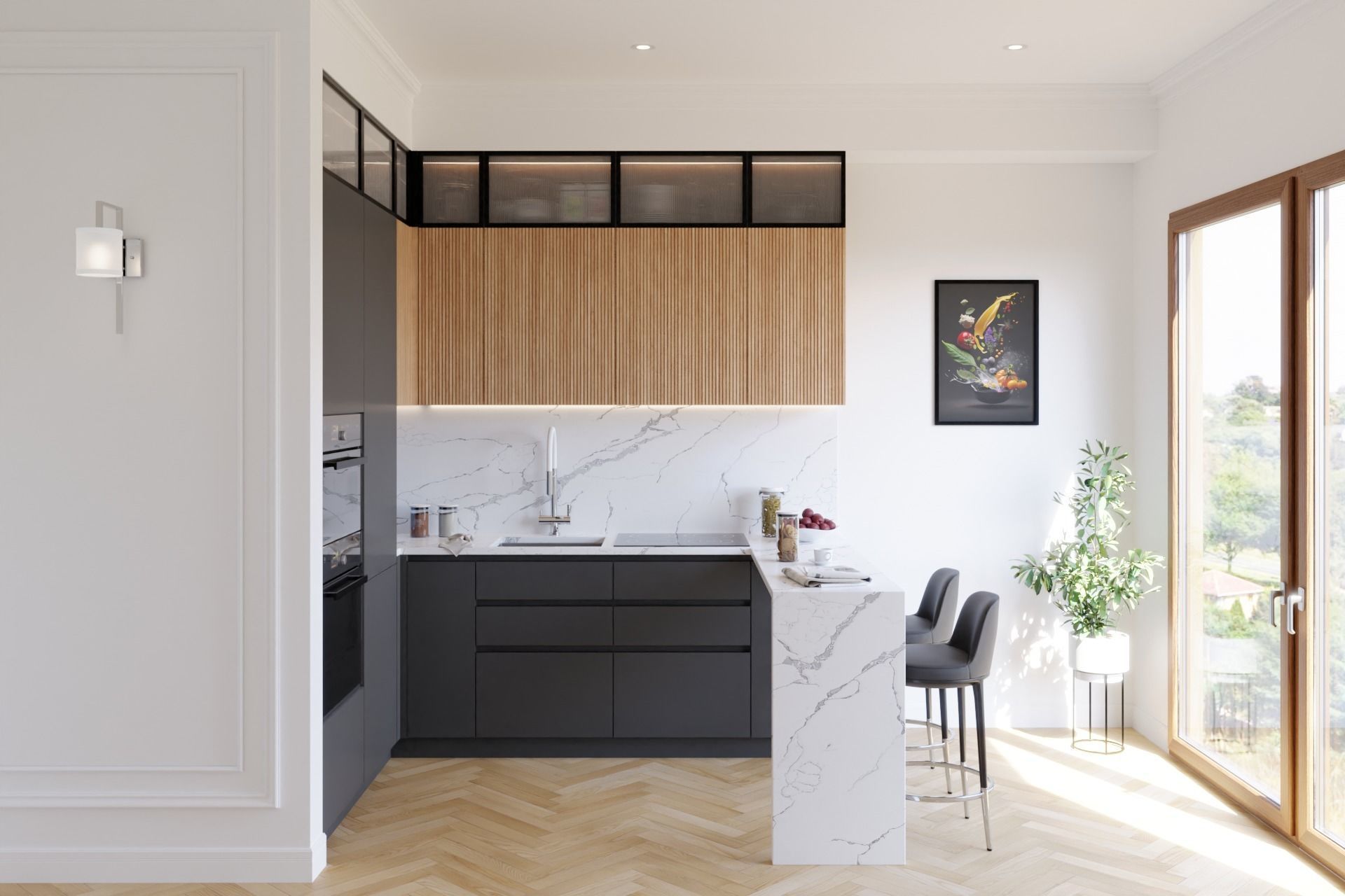 Modern Kitchen U-shape Black Timber and Marble 3D model 3D model_2