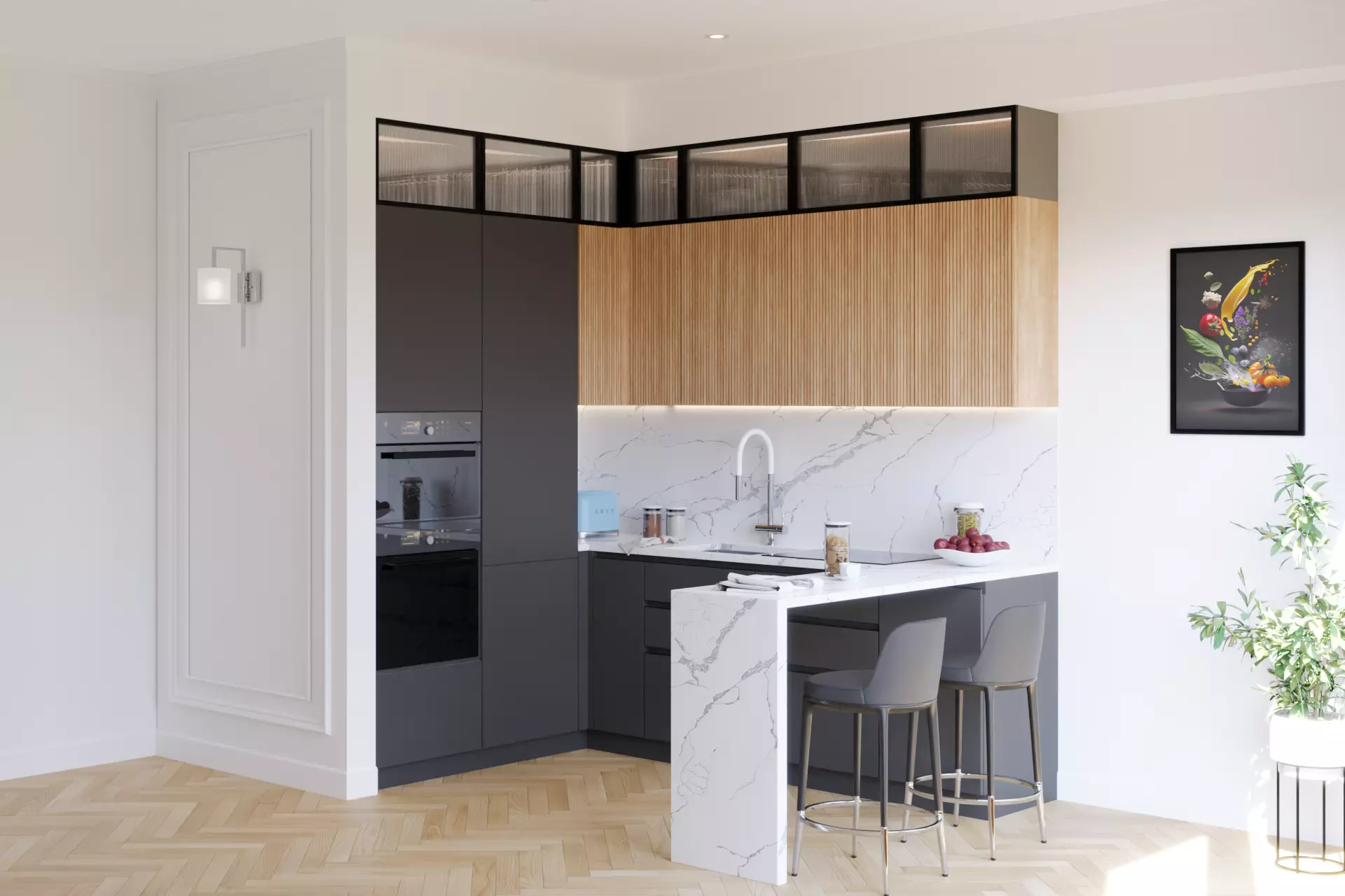 Modern Kitchen U-shape Black Timber and Marble 3D model 3D model_0