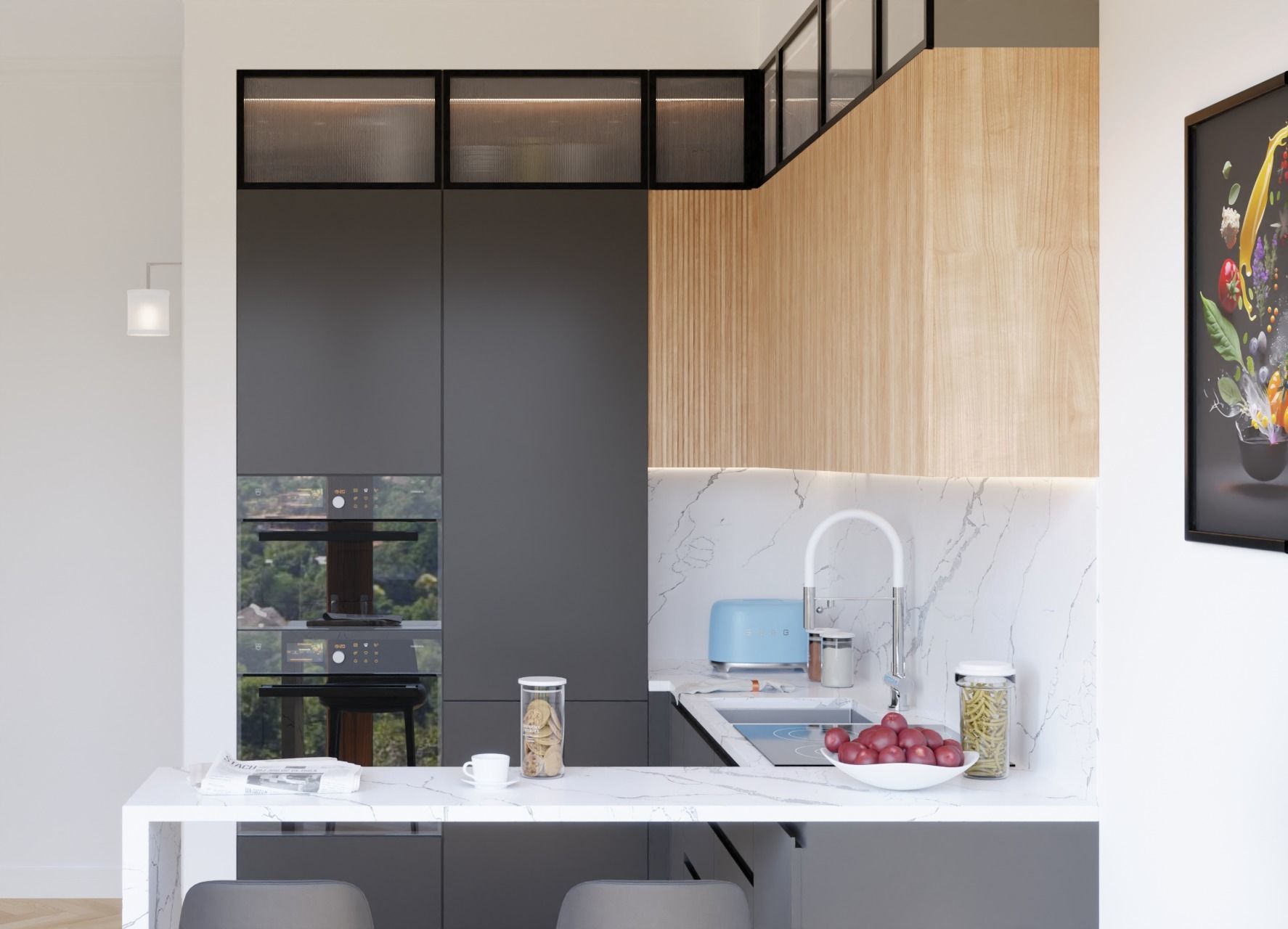 Modern Kitchen U-shape Black Timber and Marble 3D model 3D model_4