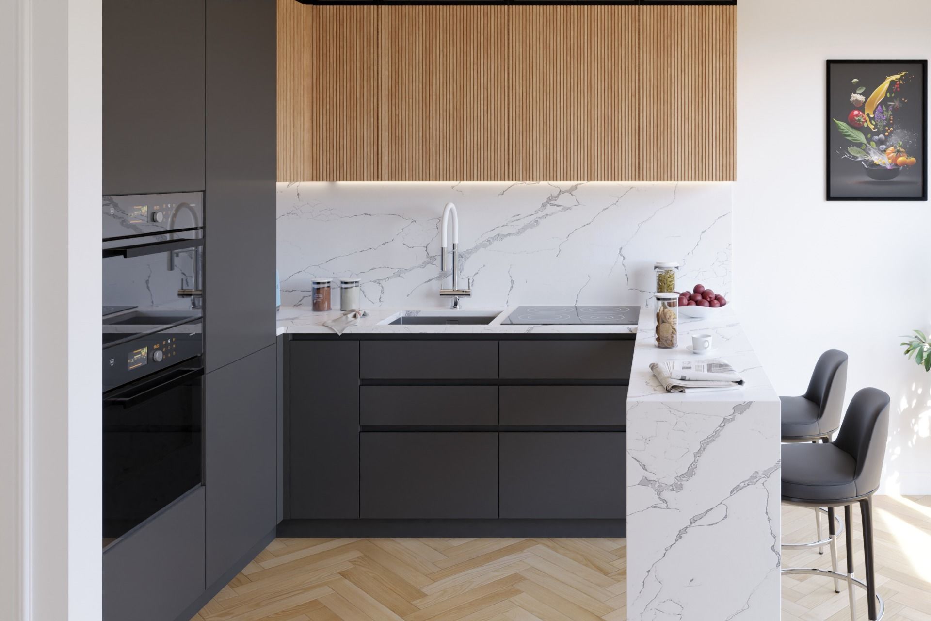 Modern Kitchen U-shape Black Timber and Marble 3D model 3D model_5