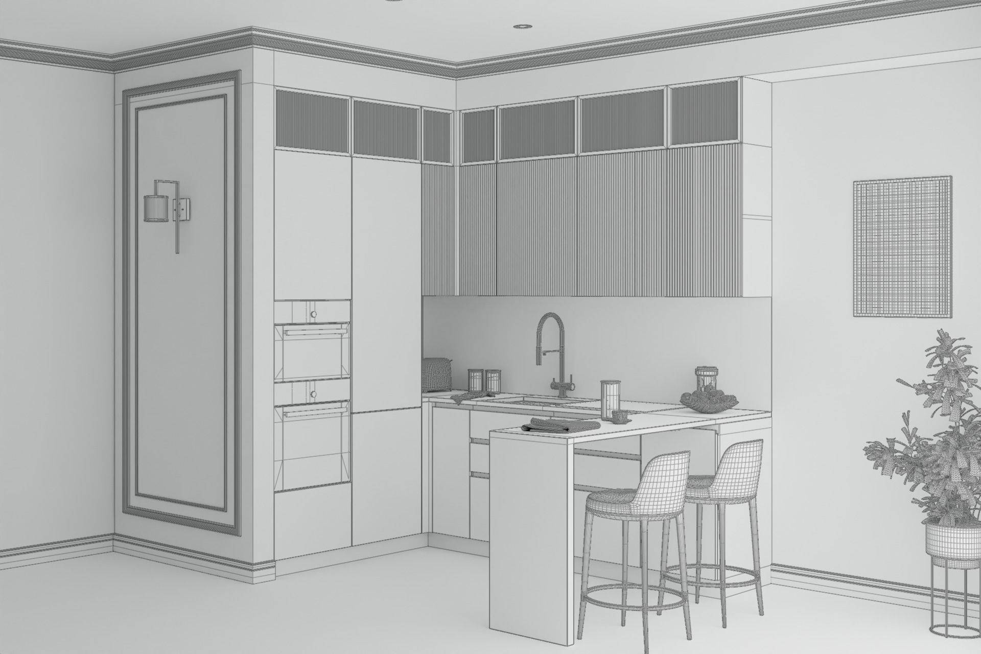 Modern Kitchen U-shape Black Timber and Marble 3D model 3D model_3