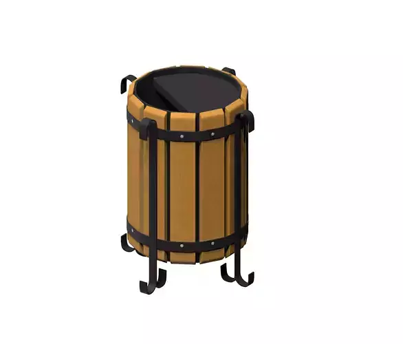 Wooden circular cage type trash can with metal feet Low-poly 3D model