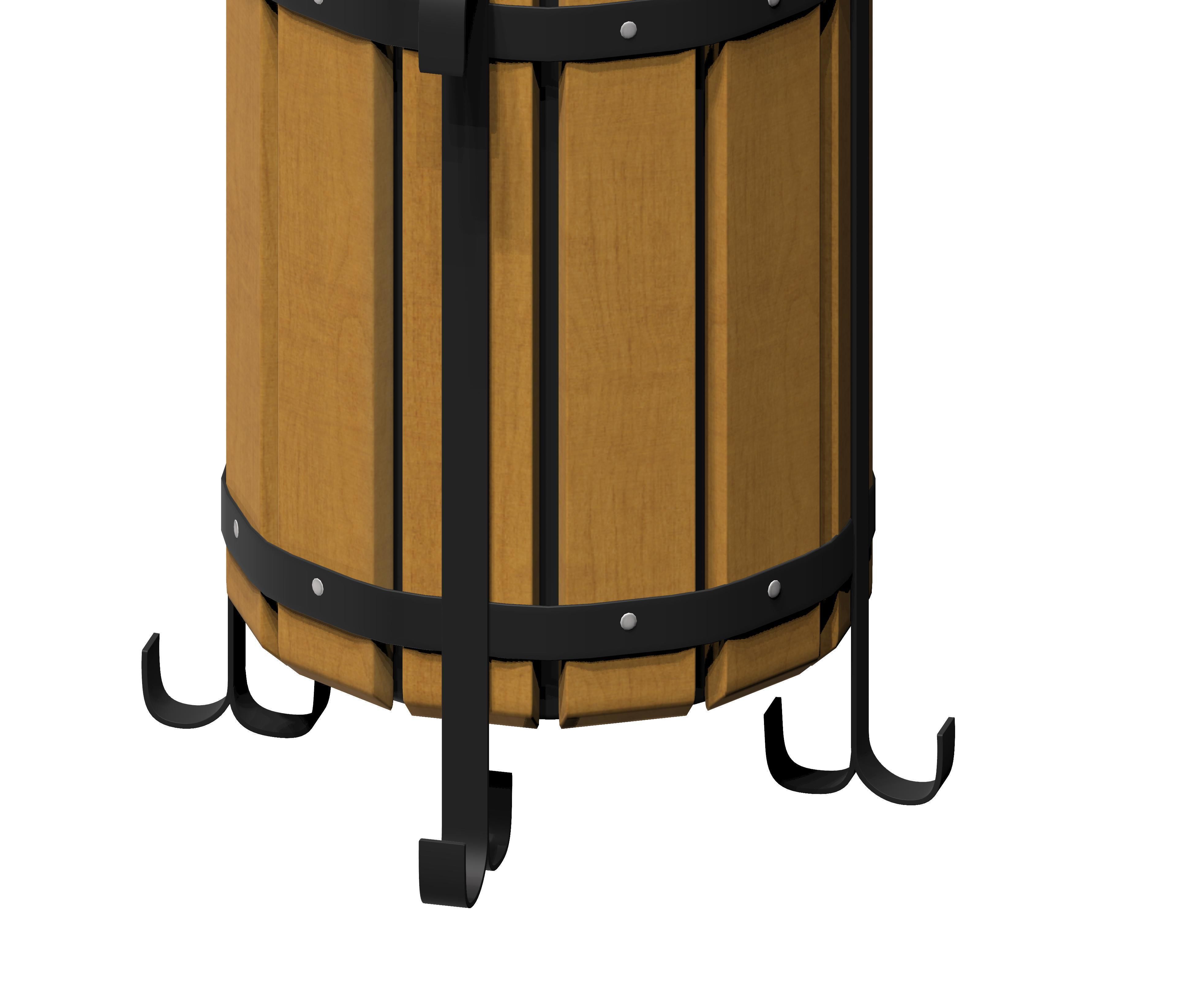 Wooden circular cage type trash can with metal feet Low-poly 3D model_3