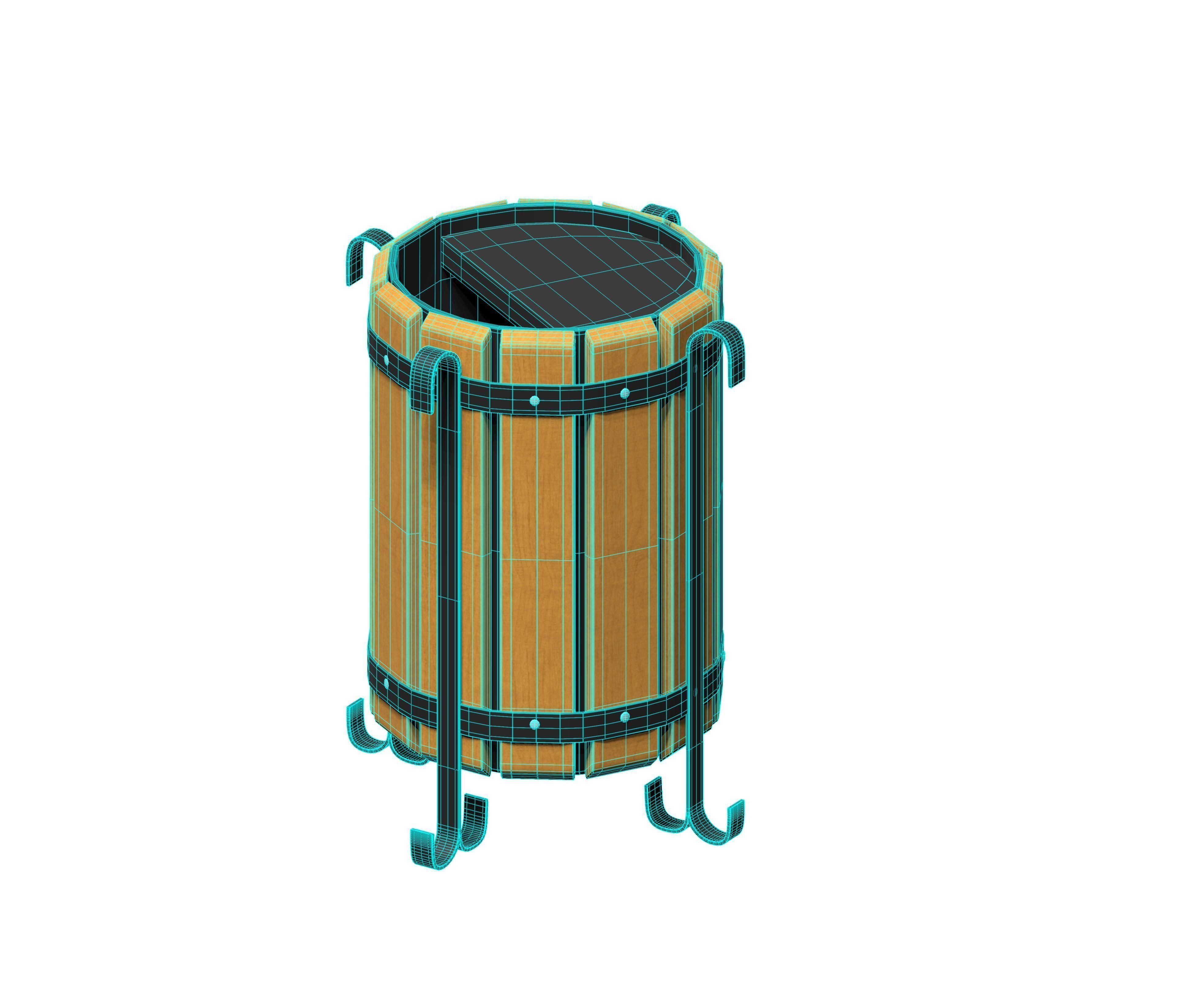 Wooden circular cage type trash can with metal feet Low-poly 3D model_5