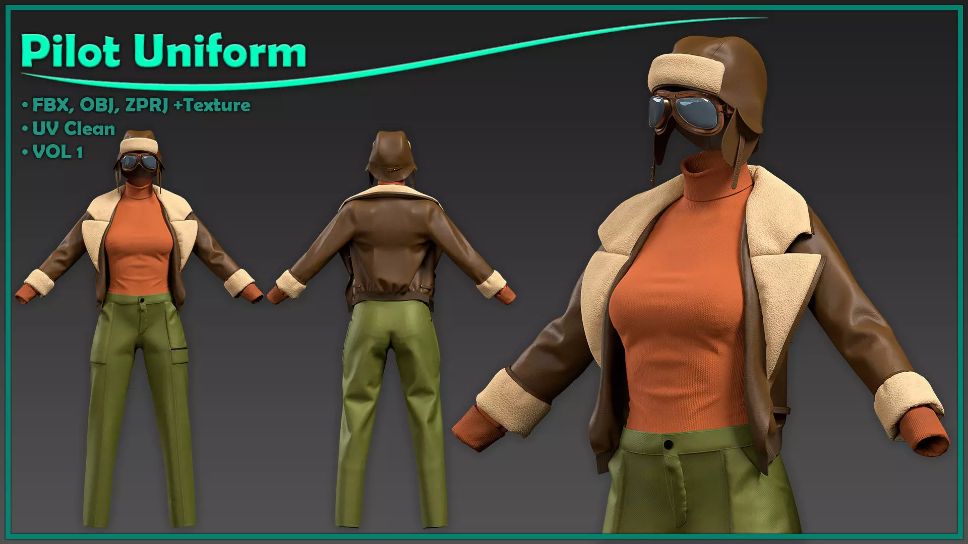 female pilot outfit with texture 3D model_0