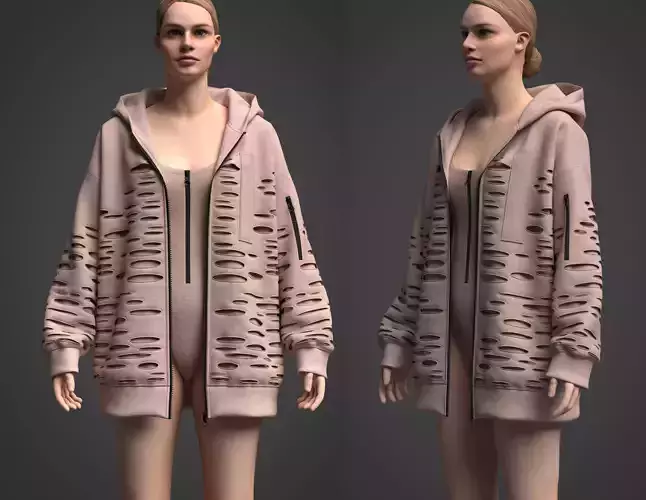  Women Destroyed Hoodie and Bodysuit 3d Model