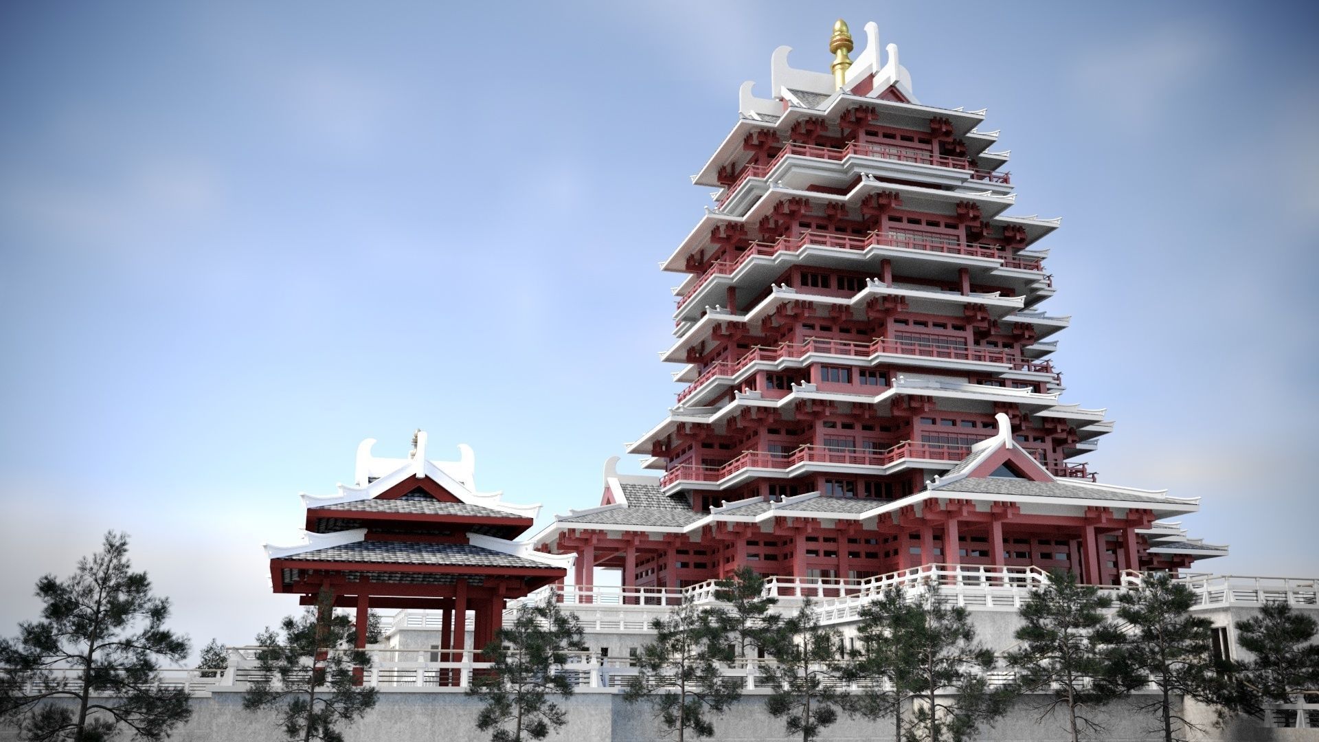 Modern architecture that imitates Eastern classical style Low-poly 3D model_10