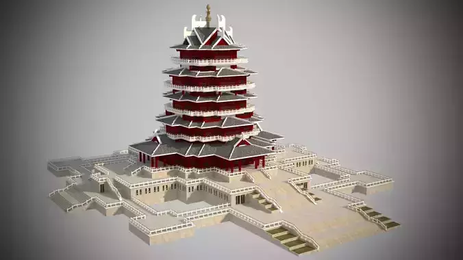 Modern architecture that imitates Eastern classical style Low-poly 3D model