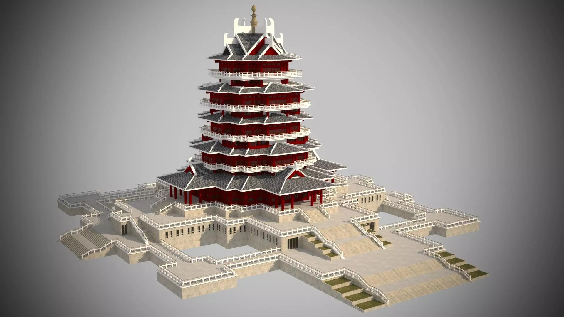 Modern architecture that imitates Eastern classical style Low-poly 3D model_0