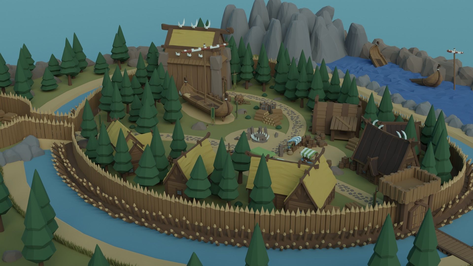 Cartoon Polygonal Viking Castle Low-poly 3D model_3